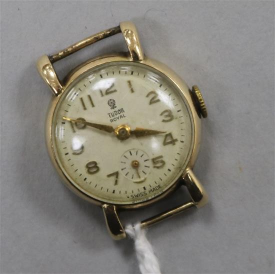 A ladys 1950s? 9ct gold Tudor manual wind wrist watch, (no strap).